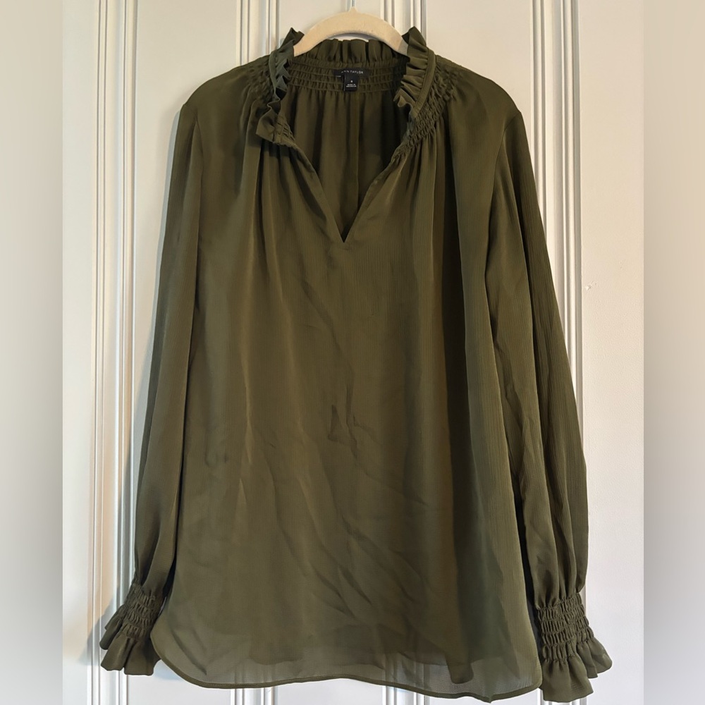Ann Taylor Olive blouse ruffle neck